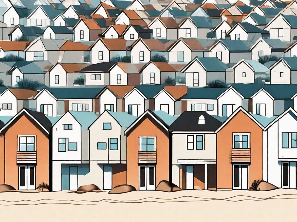 Several different styled houses lined up on a sunny san diego beach