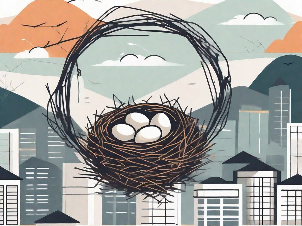 A nest with symbolic icons representing pros and cons inside it