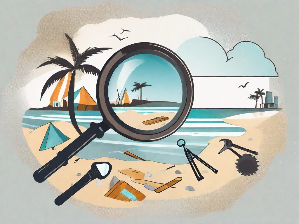 A magnifying glass hovering over a stylized beach scene with scattered construction tools