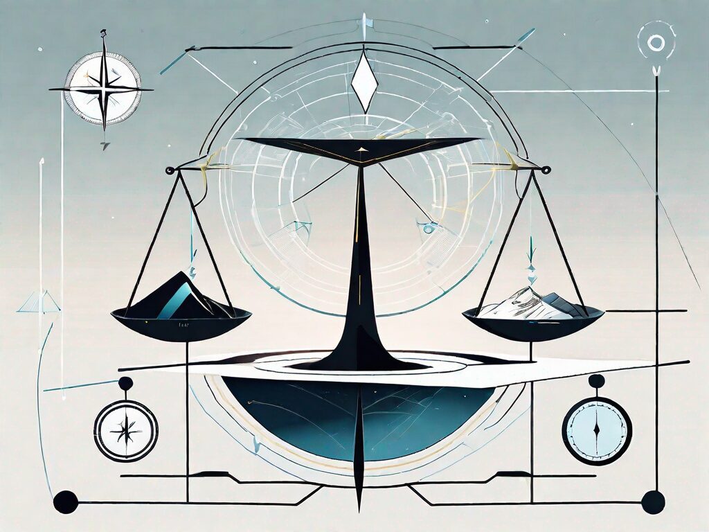 A digital landscape featuring symbolic elements such as a balanced scale (representing pros and cons)