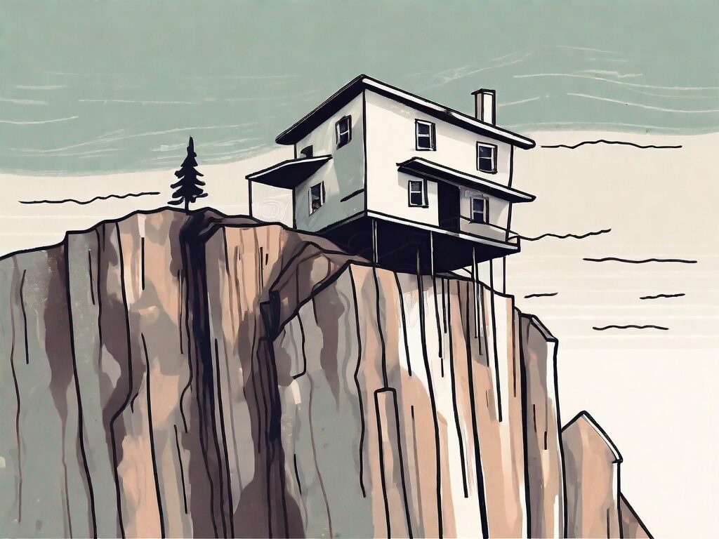 A precarious house teetering on the edge of a cliff