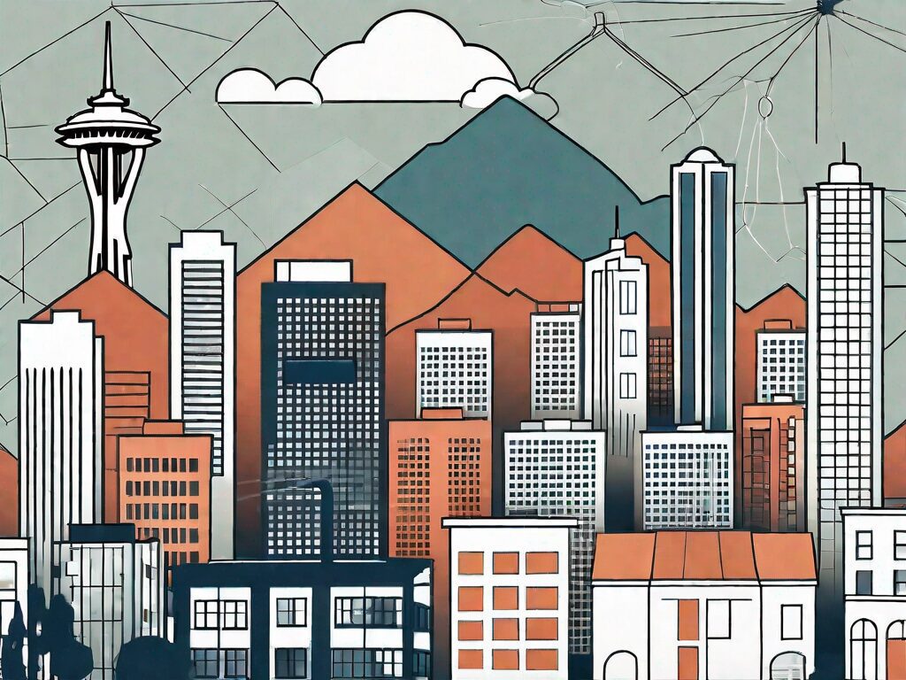 A seattle skyline with symbolic representations of various real estate elements like houses