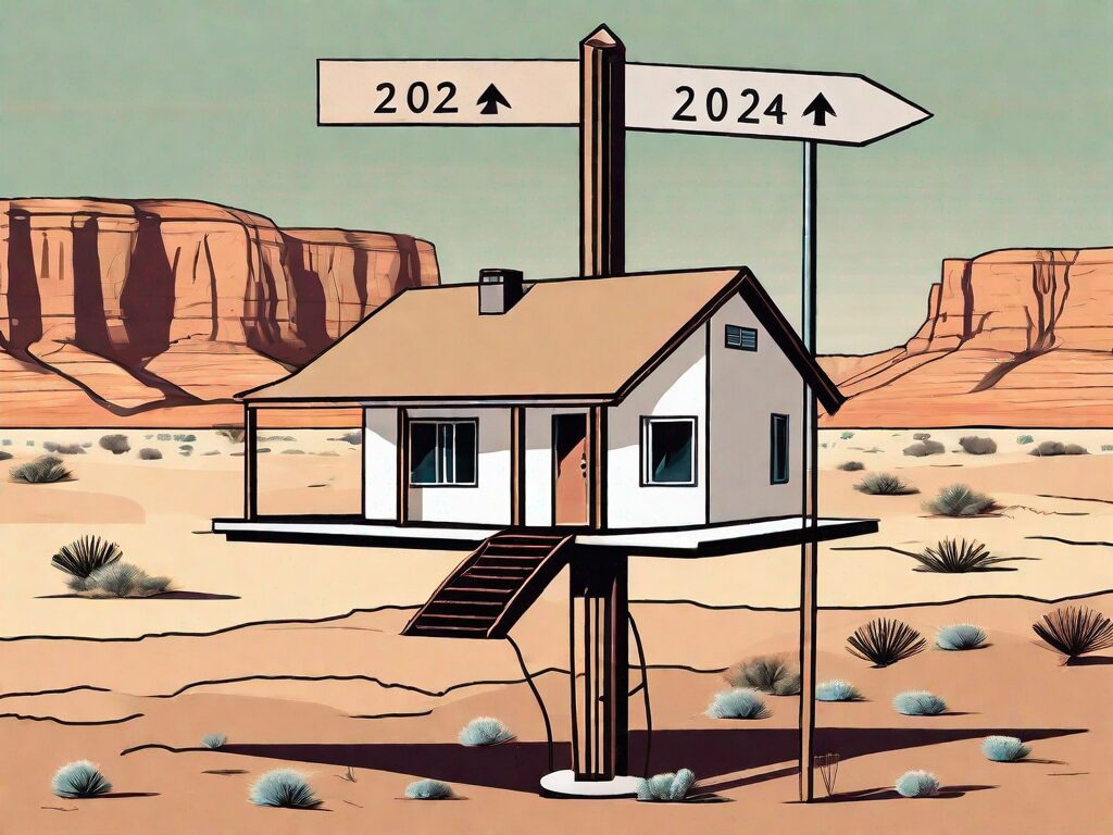 A balanced scale with a house on one side and a signpost with a directional arrow marked "2024" on the other