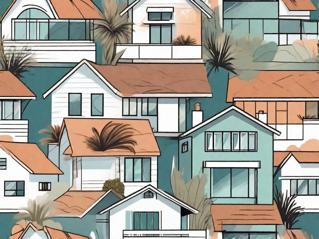 A stylized southern california landscape with various types of homes