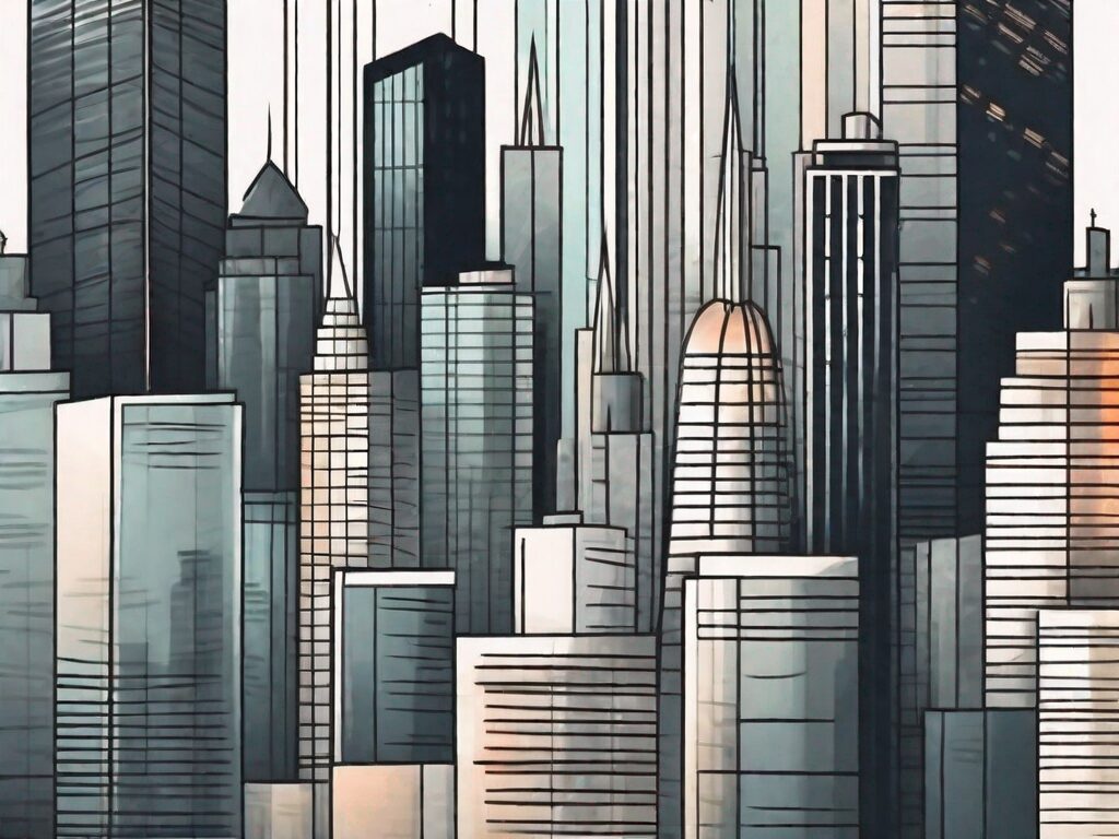A cityscape with various types of buildings