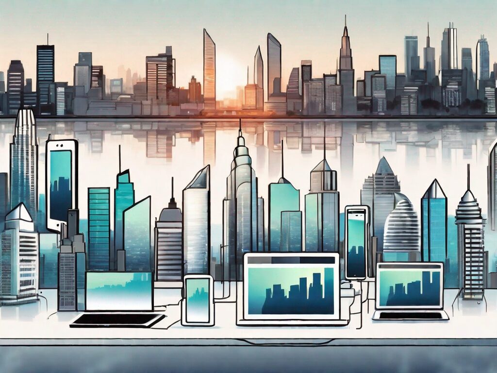 A city skyline made up of various digital devices like smartphones