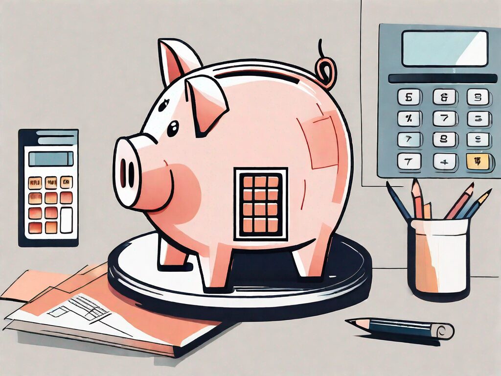 A house-shaped piggy bank with a calculator and a pie chart showing different savings categories