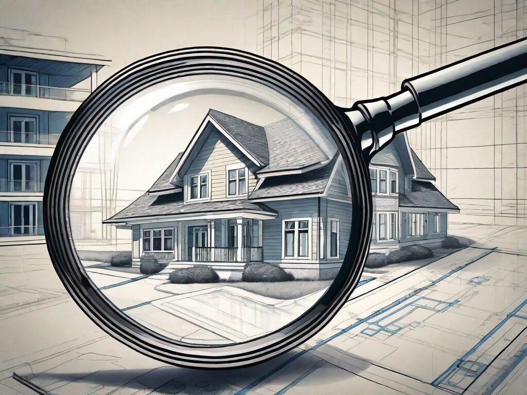 A magnifying glass hovering over a detailed architectural blueprint of a house