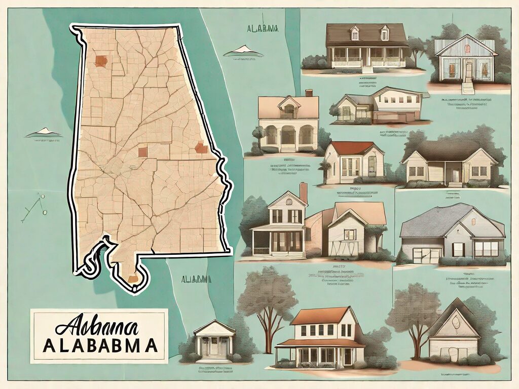 A detailed map of alabama with symbolic icons representing houses and dollar signs