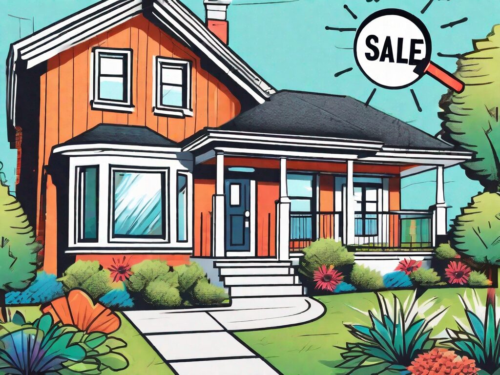 A vibrant and appealing house with a 'for sale' sign in the front yard