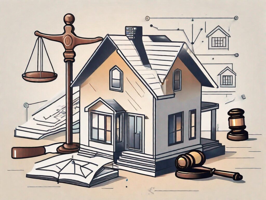 A house with various symbolic icons representing key roles in the home buying process such as a gavel for a lawyer