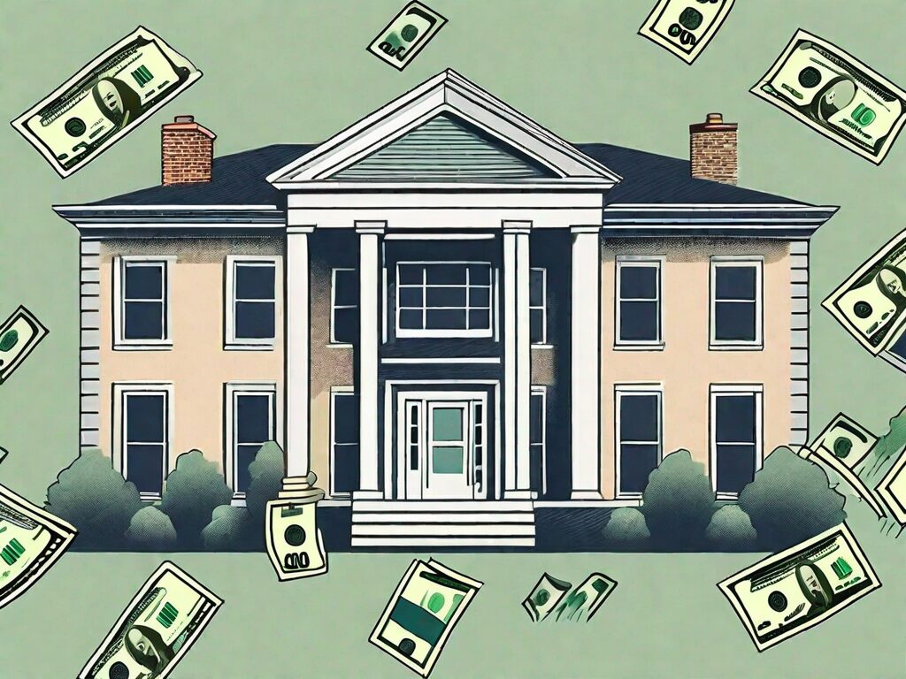 A traditional massachusetts home with dollar bills floating around it