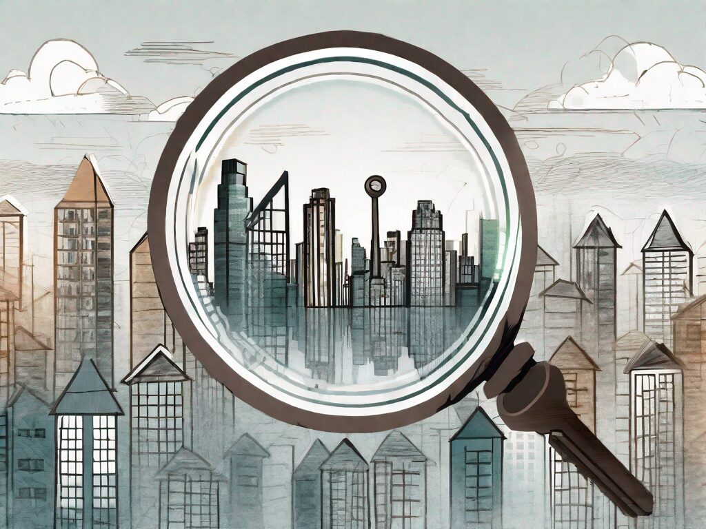 A magnifying glass hovering over a cityscape made of keys