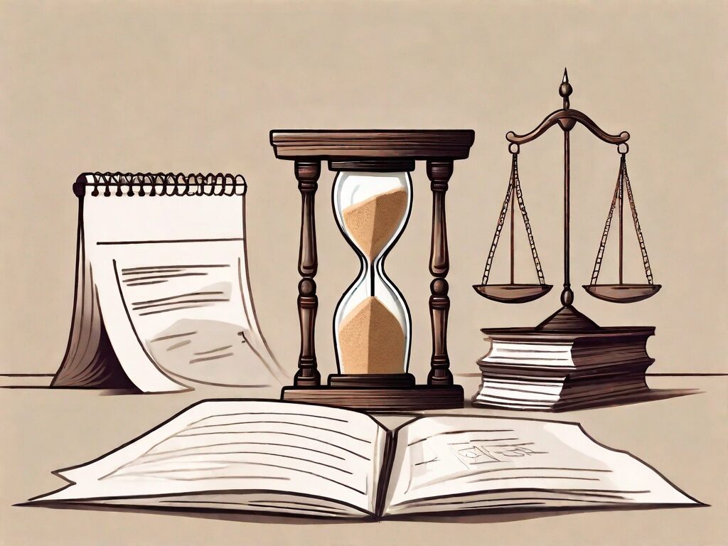 A sand hourglass with legal documents and a gavel on one side