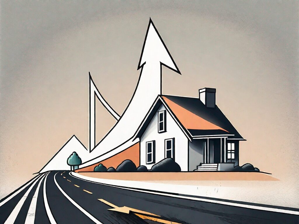 A house with a rising arrow symbolizing an increasing credit score