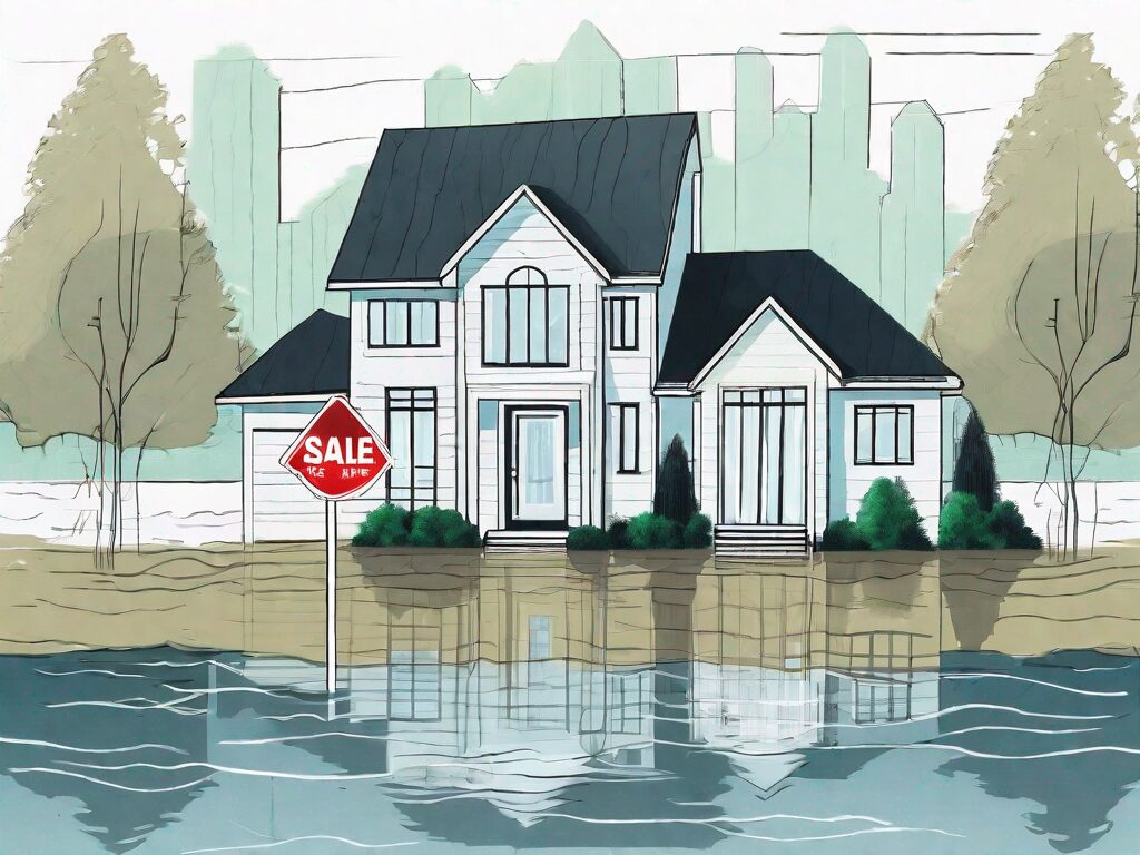 A house surrounded by flood zone markers with a "for sale" sign in the front yard
