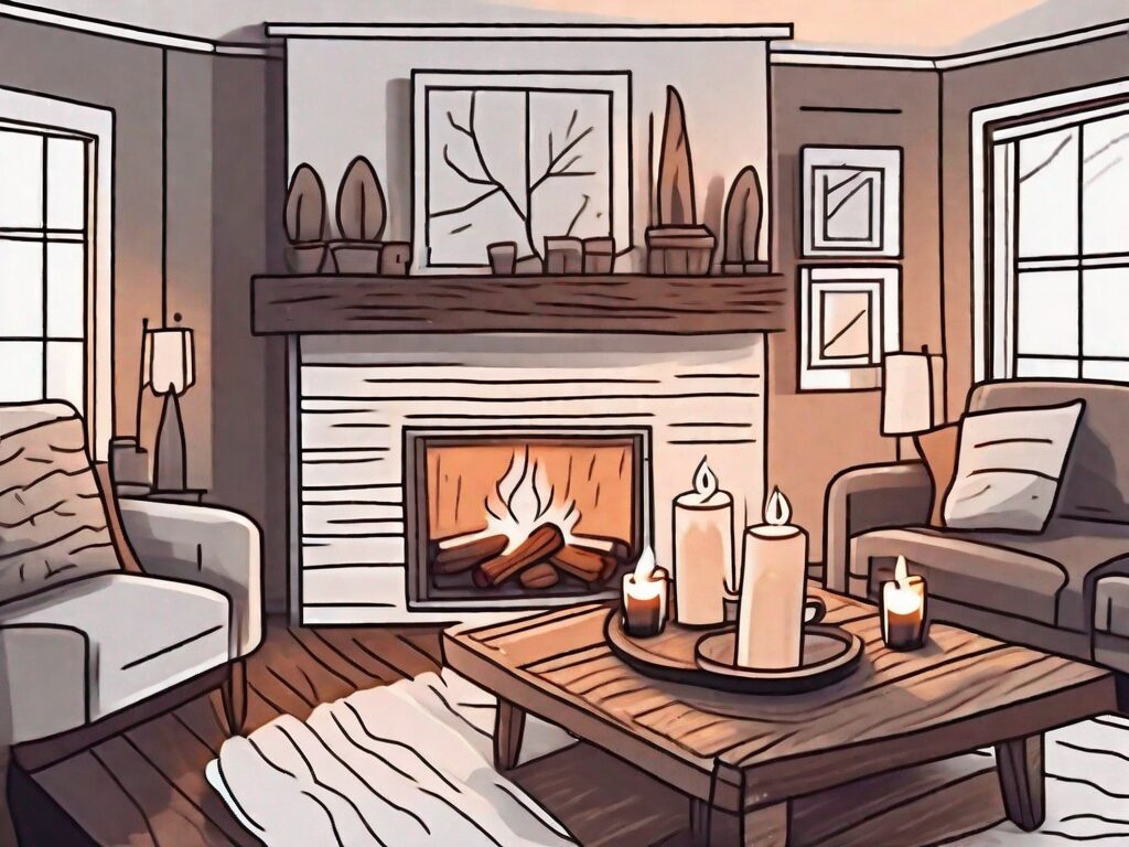 A cozy living room with a roaring fireplace