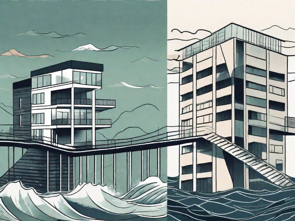 A house on one side of a turbulent sea and an office building on the other side