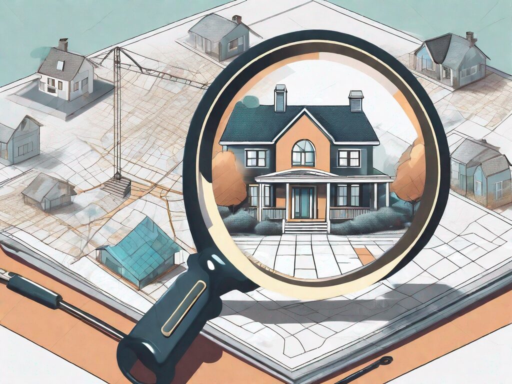 A variety of real estate tools like a magnifying glass over a property map
