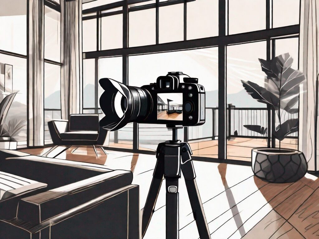 A professional camera on a tripod capturing the interior of a stylish