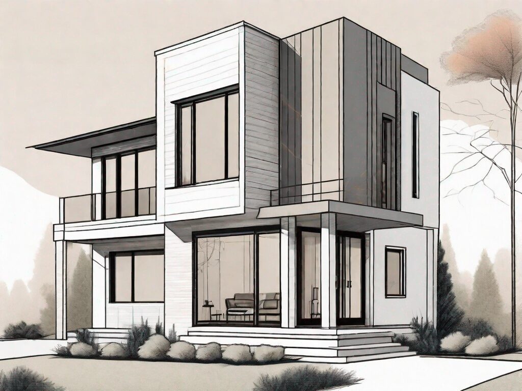 A pristine new construction home on the left side with modern design elements and an older