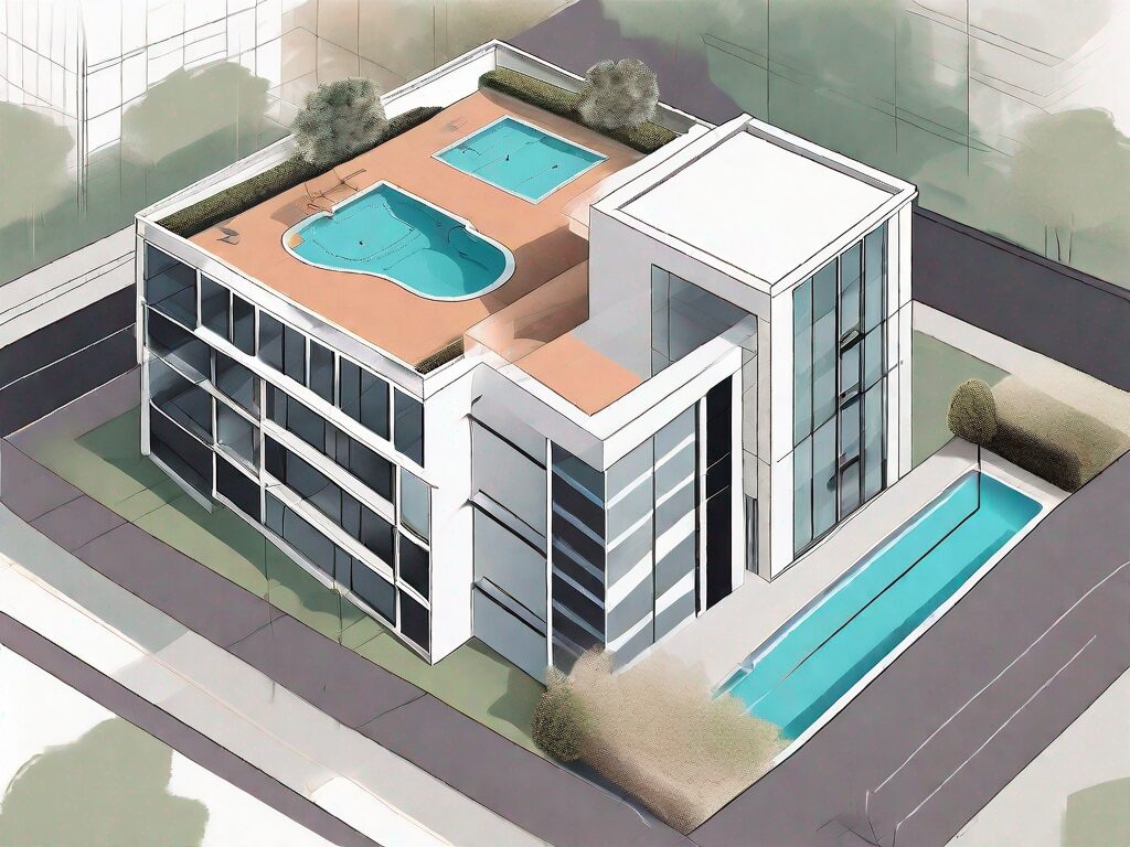 A condominium building with various elements like a swimming pool