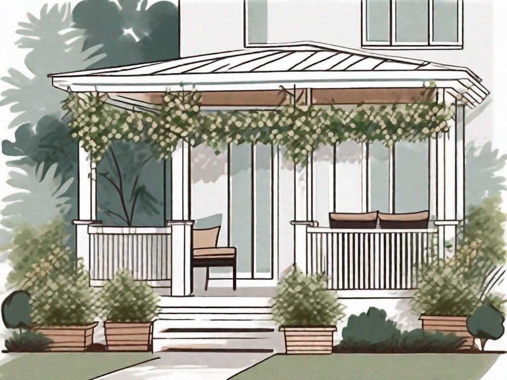 A well-designed front porch pergola with lush climbing plants and stylish outdoor furniture
