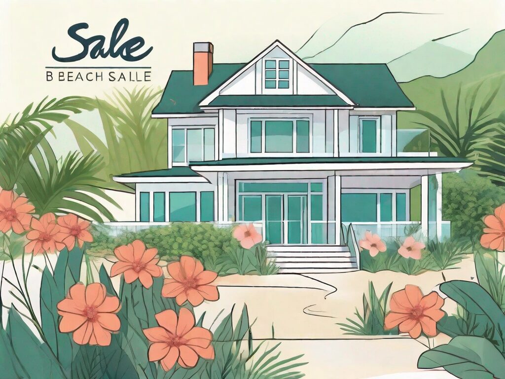 A sunny beachfront property with a 'for sale' sign