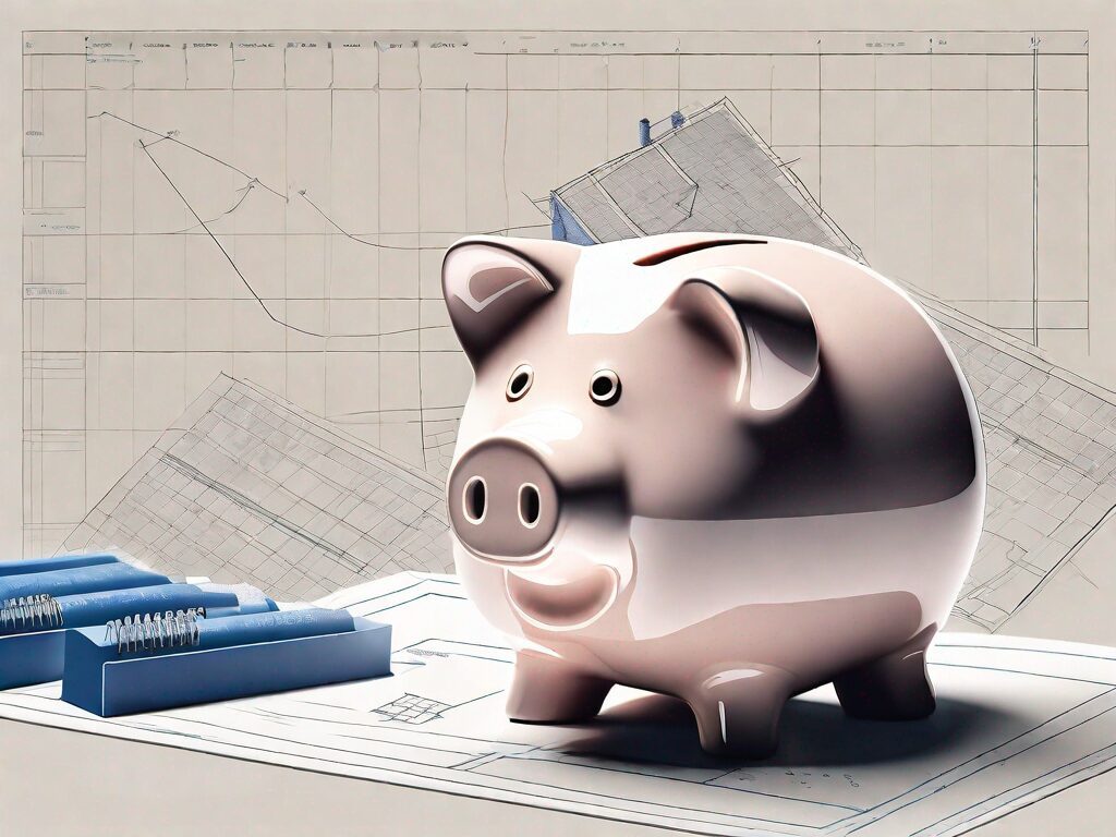 A piggy bank sitting on top of a blueprint of a house
