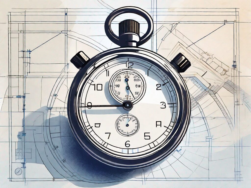 A stopwatch nestled within an open house blueprint