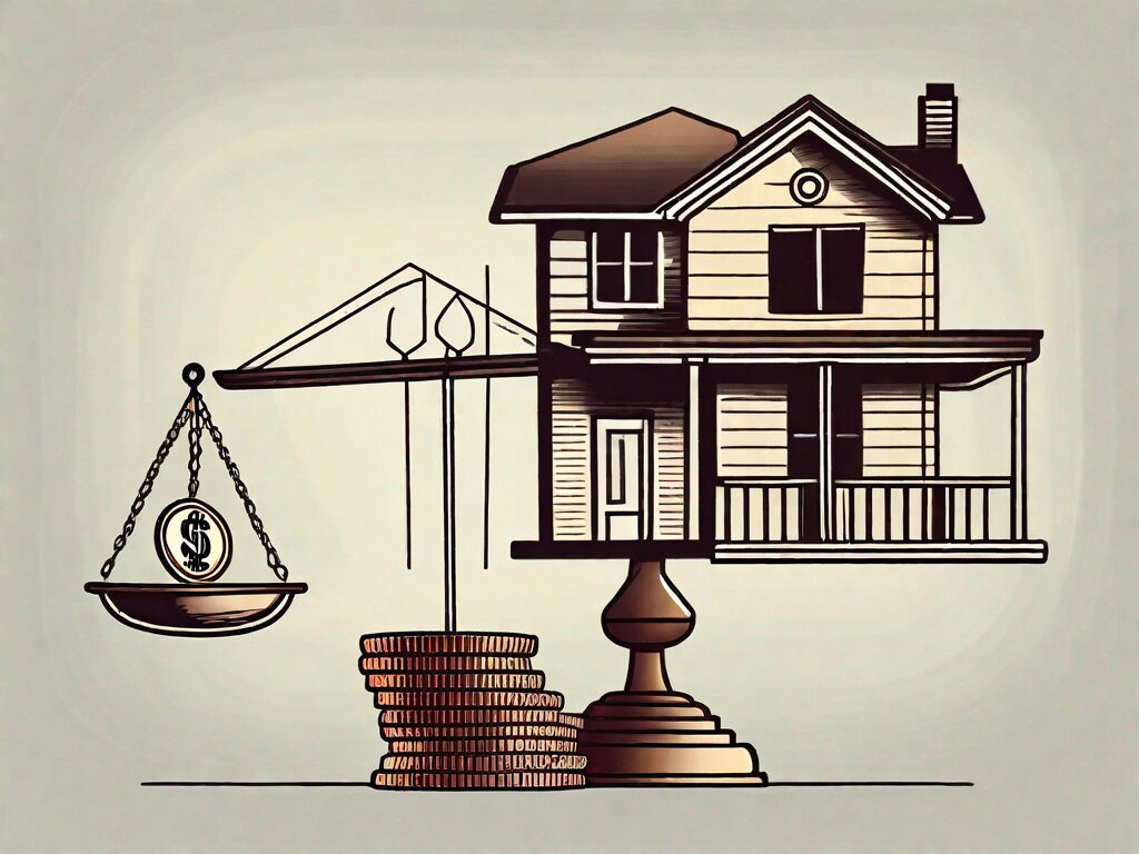 A house on one side of a balanced scale and a stack of money on the other