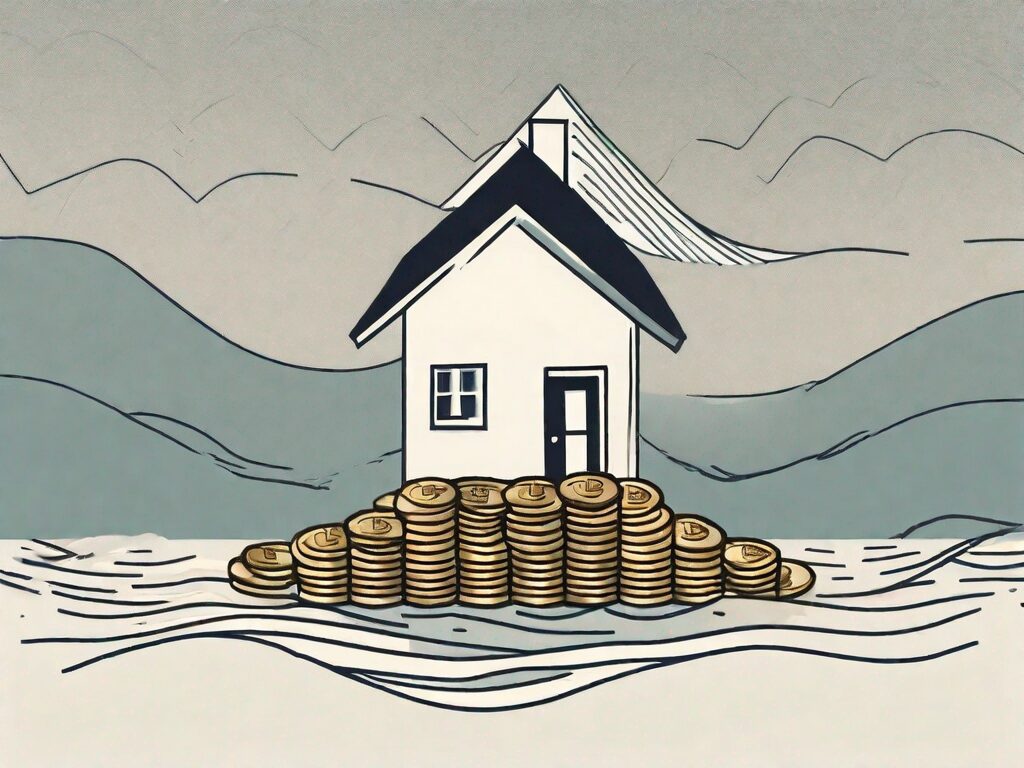 A house standing firm on a stack of coins while waves