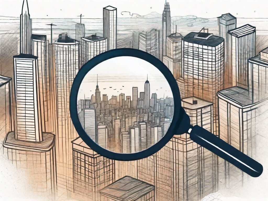 A magnifying glass hovering over a stylized cityscape