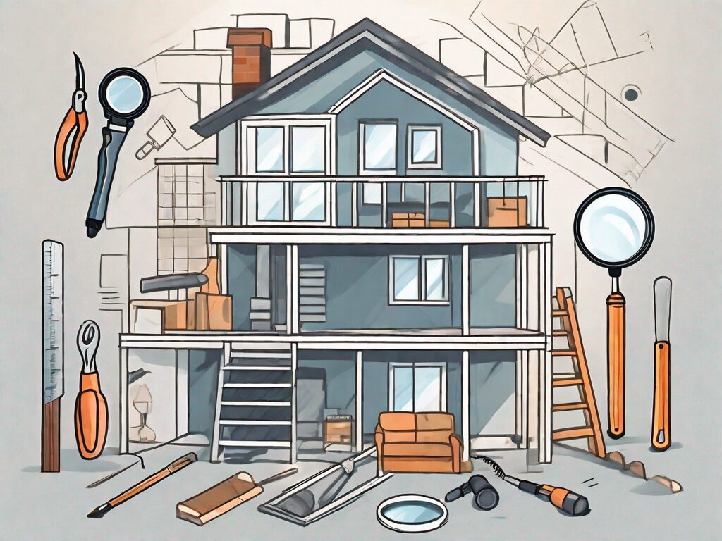 A house with various tools like a magnifying glass