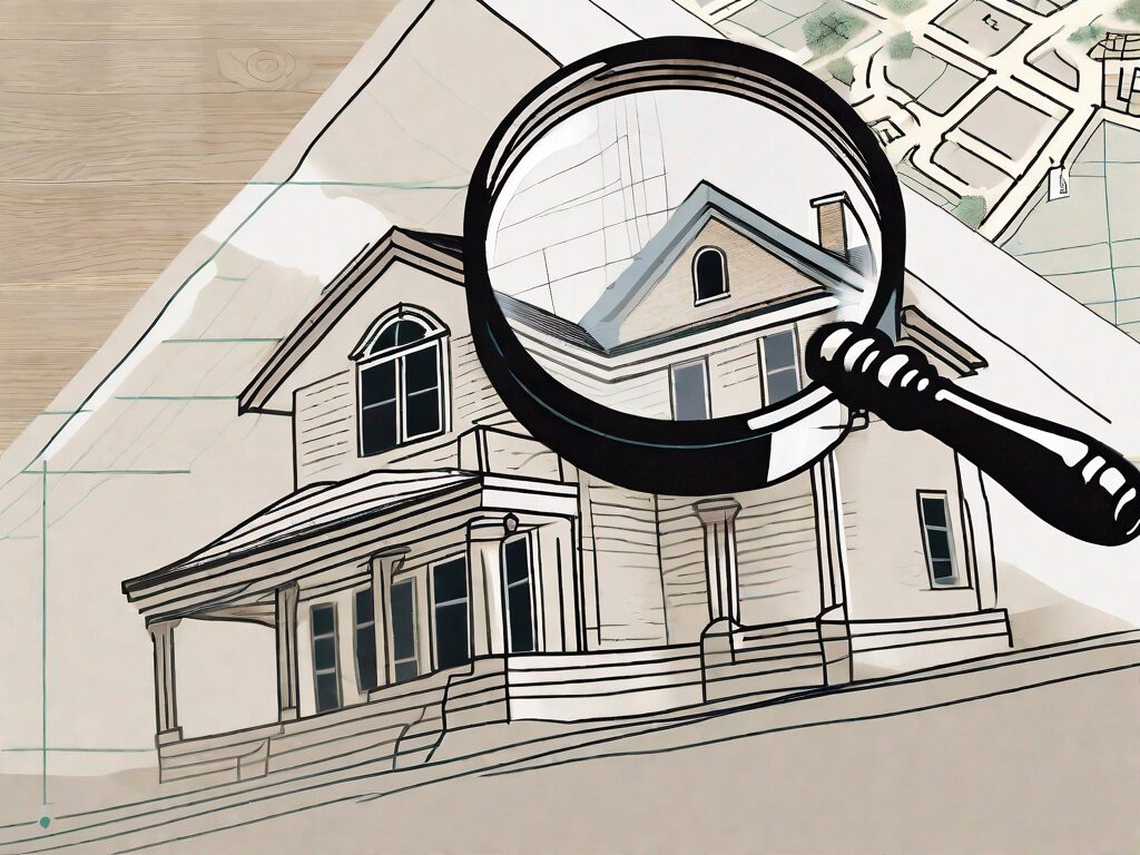 A magnifying glass hovering over a document with symbols representing a house