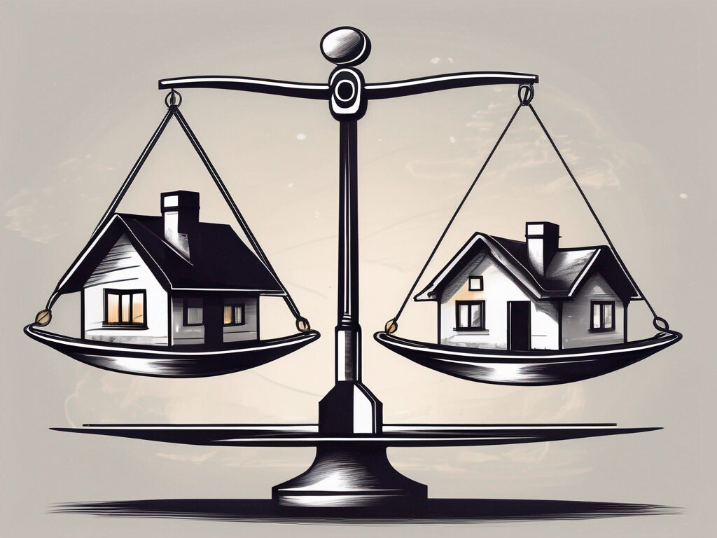 A balanced scale with a house on one side and a symbolic representation of ethics (such as a light beacon or a compass) on the other side