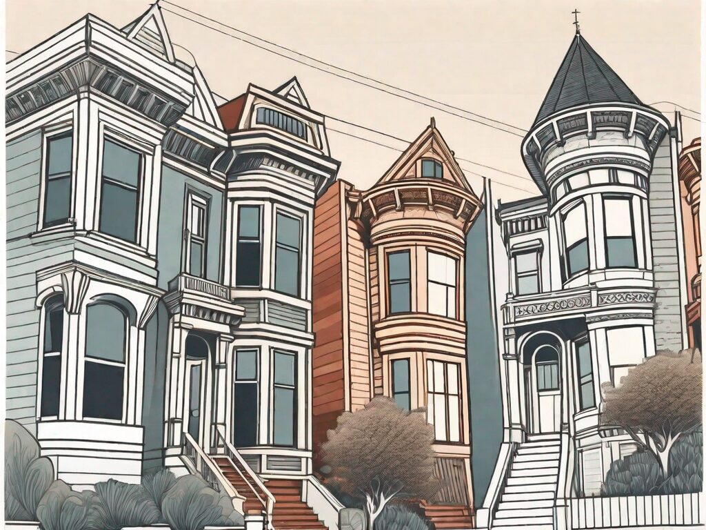 A classic san francisco landscape with iconic landmarks like the golden gate bridge and victorian houses