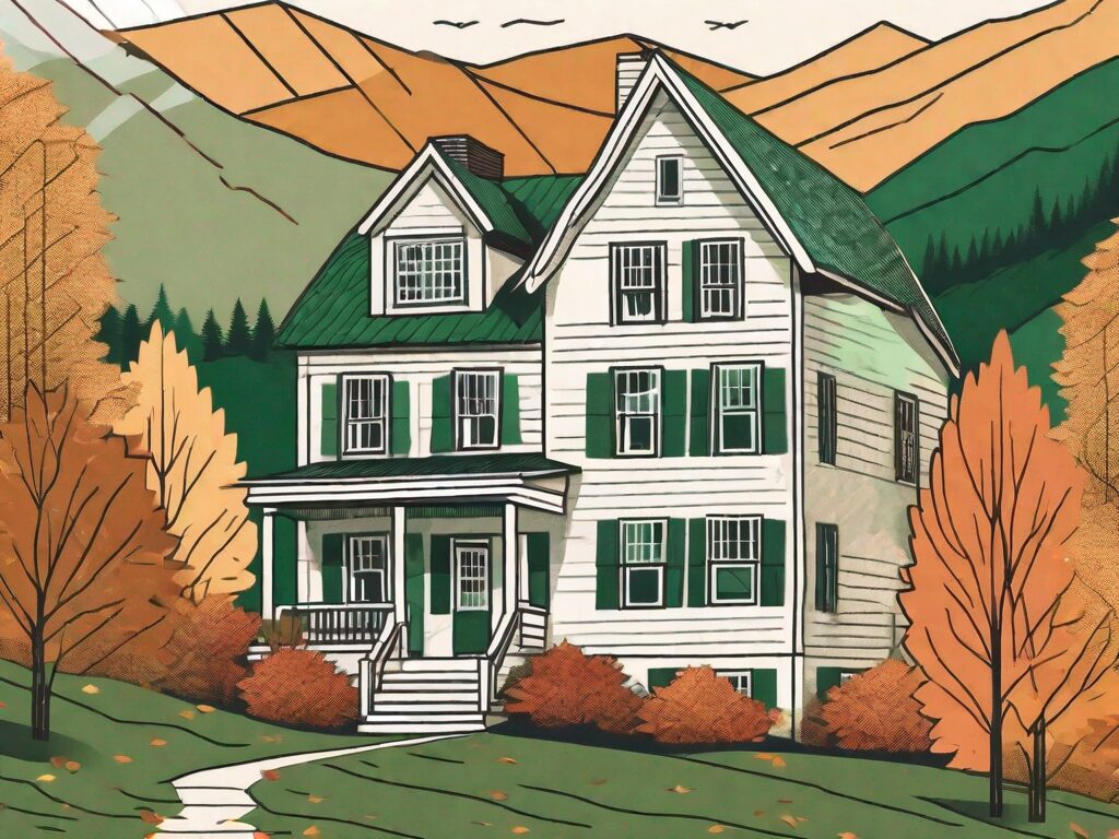 A quaint vermont house with dollar bills floating around it