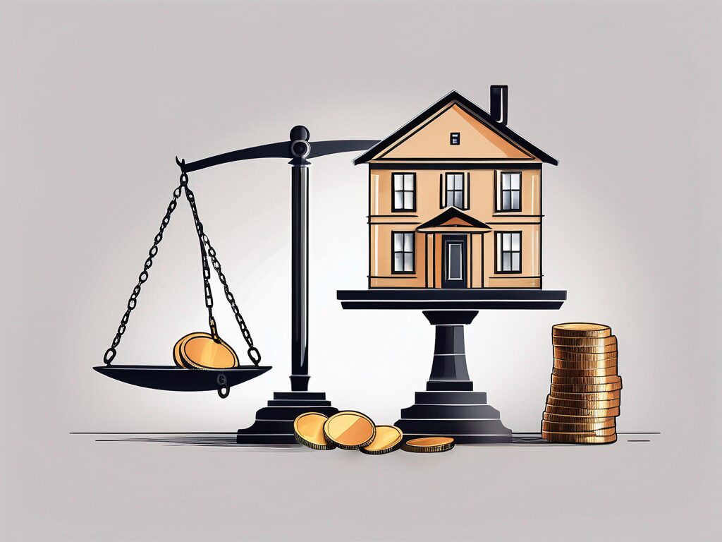 A scale balancing a house and a stack of coins