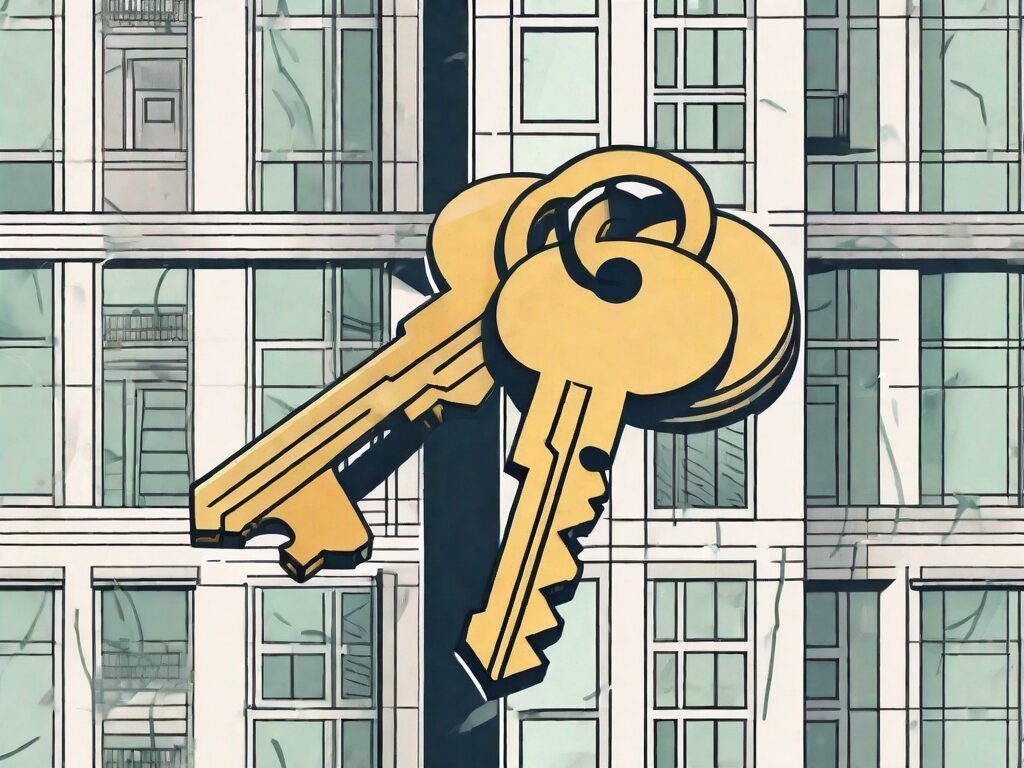 A condominium building with a large key symbolically unlocking it