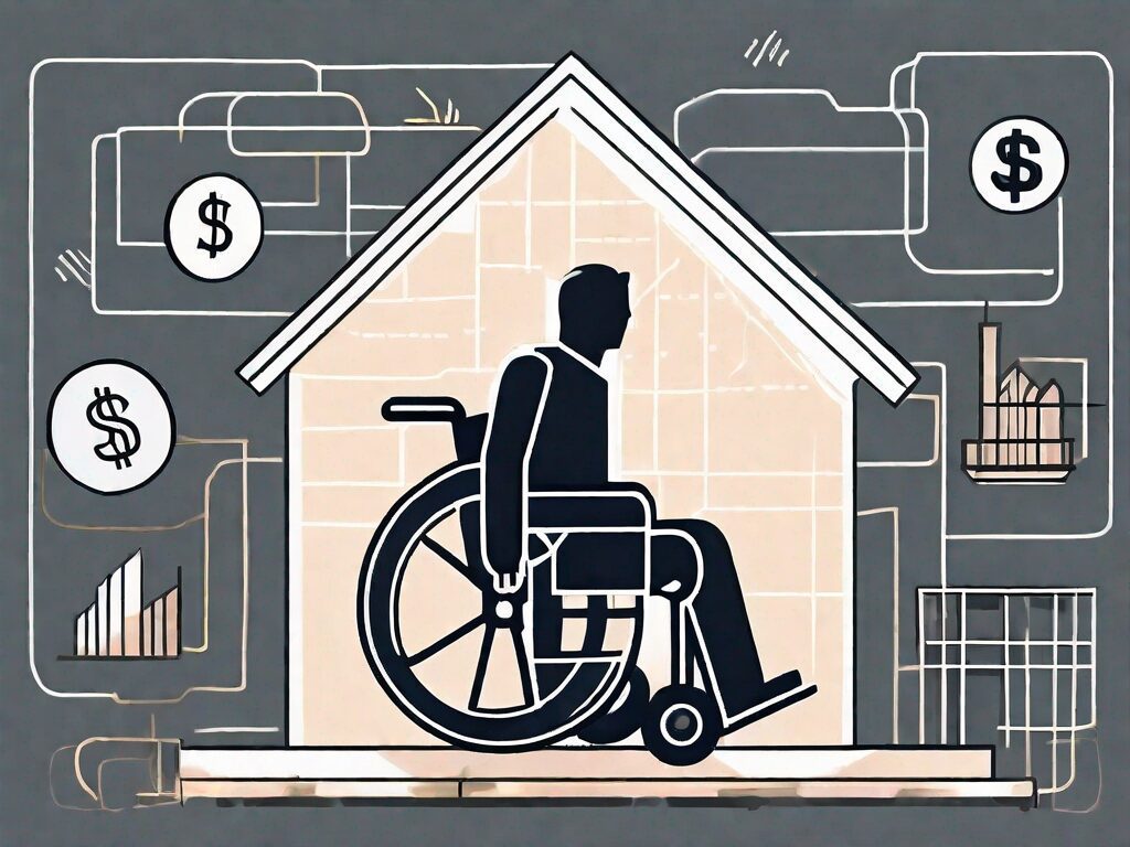 A wheelchair-accessible house with symbols of various financial elements like dollar signs