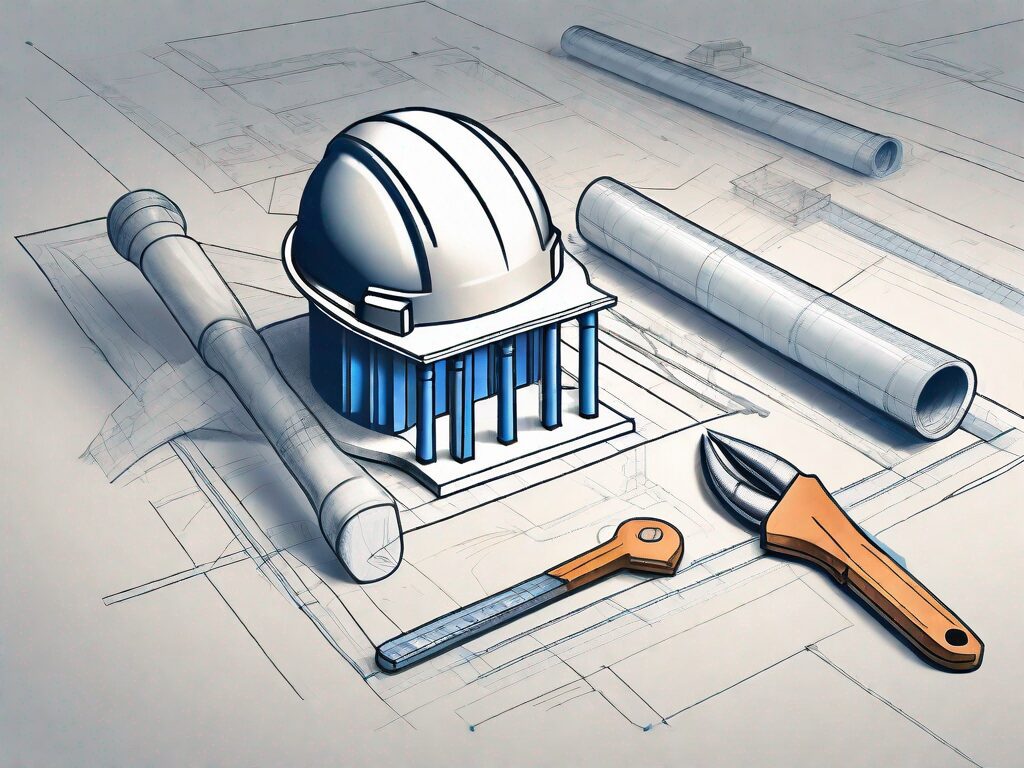A construction site with various tools and blueprints