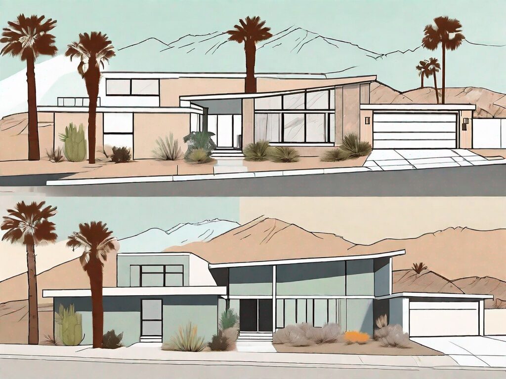 A sunny palm springs landscape with a variety of houses in different stages of renovation