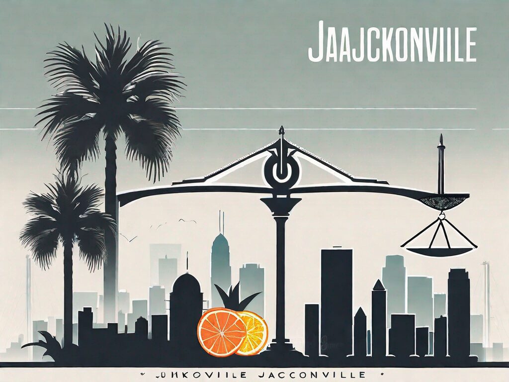 The jacksonville skyline with a symbolic balance scale