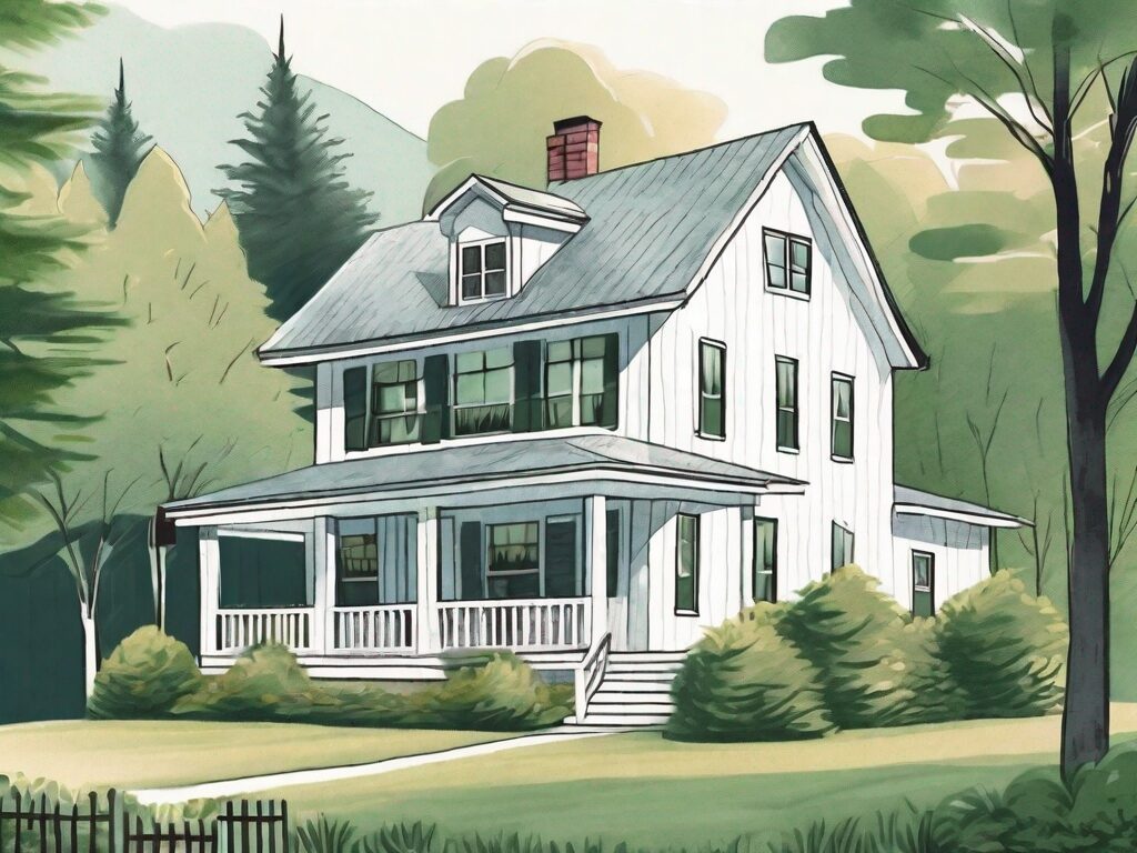 A quaint vermont house with a 'for sale' sign on the lawn