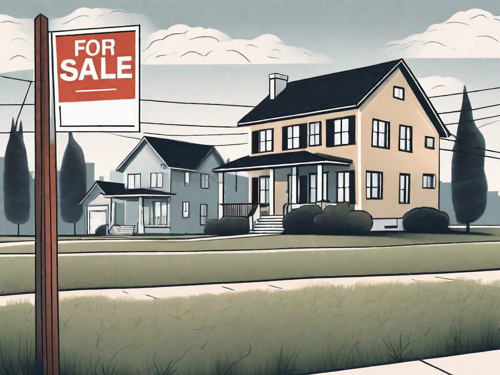 A house with a "for sale" sign in the front yard