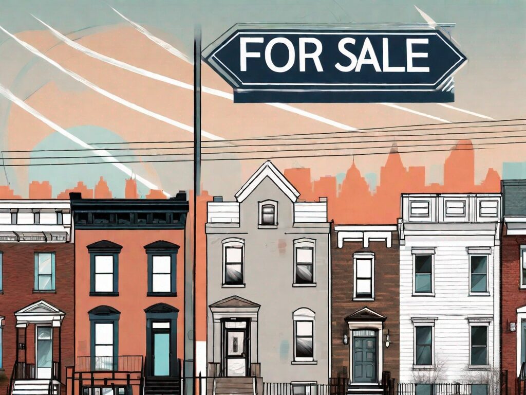 A philadelphia cityscape with a prominent 'for sale' sign in front of a charming row house