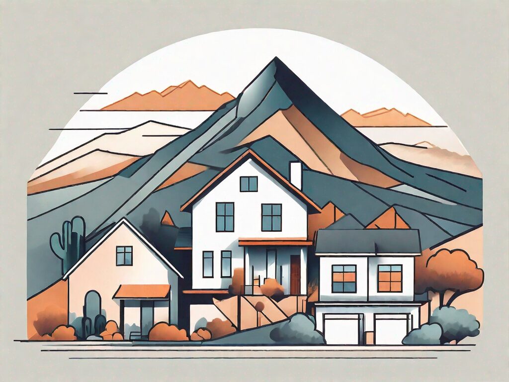 A california landscape with various types of homes and a symbolic representation of discounts such as a price tag or a percentage sign