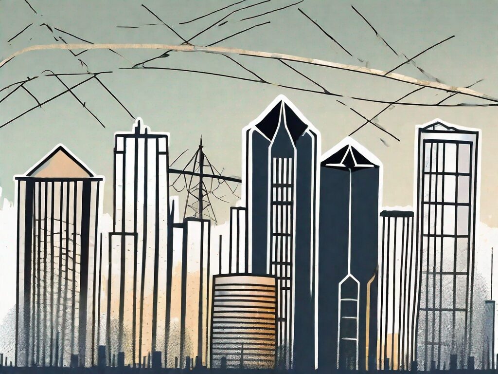 An abstract oklahoma city skyline with symbolic representations of houses and dollar signs