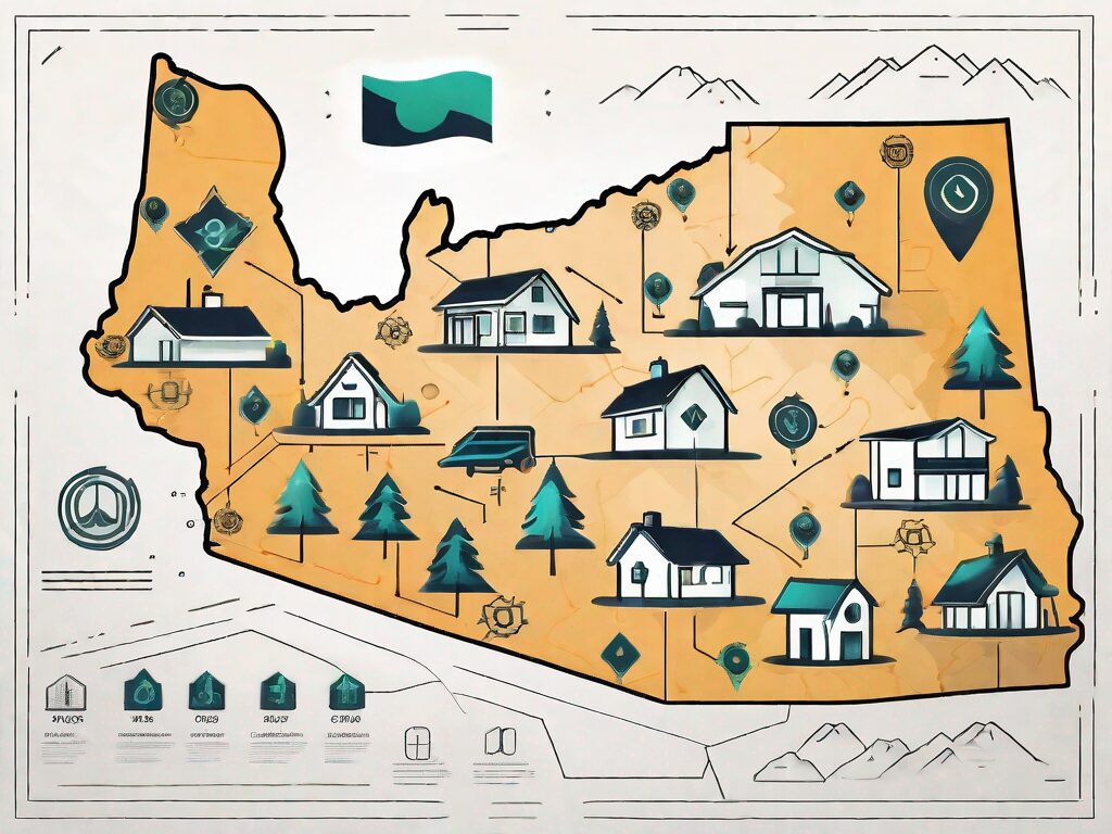 A stylized map of oregon with symbolic icons representing houses